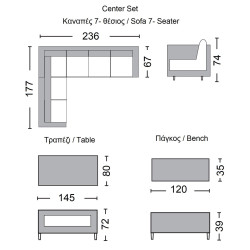 CENTER Set Σαλόνι Καθιστικό - Τραπεζαρία Κήπου 9-θέσεων, Μέταλλο-Wicker Γκρι+ Μαξιλάρια Ε6852 από Μέταλλο/Wicker  Τραπέζι+Καναπές Γωνία+Πάγκος  1τμχ