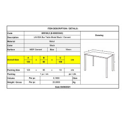 LAVIDA Τραπέζι BAR Μέταλλο Βαφή Μαύρο, Επιφάνεια Απόχρωση Cement ΕΜ158,2 Μαύρο/Γκρι από Μέταλλο/MDF - Καπλαμάς - Κόντρα Πλακέ - Νοβοπάν  120x60x106cm  1τμχ